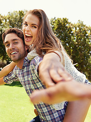 Image showing Laughing couple, portrait and airplane piggyback in nature park bonding on valentines day, garden date or romance love. Smile, happy man and carrying woman in aeroplane, funny game and freedom energy