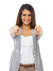 Image showing Woman, pointing and portrait of a model in isolated white background with happiness and mockup. Casual fashion, point and beautiful Indian person happy with a smile and hand sign with mock up alone