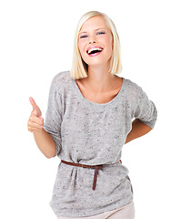 Image showing Thumbs up, hands and portrait of woman in studio isolated on a white background. Laughing, like emoji and happy female model with gesture for motivation, support or success, thank you or agreement