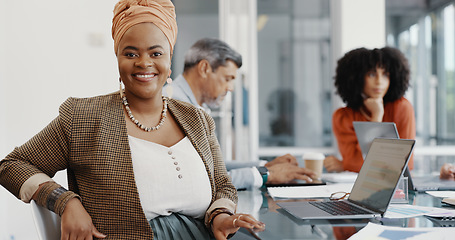 Image showing Face, business and black woman in meeting, brainstorming and planning in office. Team, staff and female leader with smile, conversation and share idea for innovation, corporate goal or company target