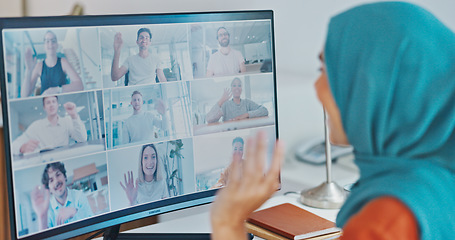 Image showing Corporate muslim woman, wave and video call with computer, smile and online communication in office. Islamic crm expert, pc and waves with happiness for meeting on app, internet and focus in Beirut