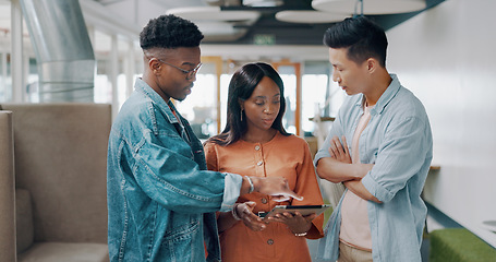 Image showing Tablet, planning and meeting with a business team talking about future growth or development at work. Strategy, communication and teamwork with a man and woman employee group in discussion or working