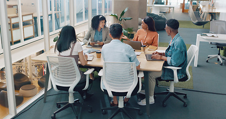Image showing Business people, diversity or meeting with modern office documents, digital marketing laptop or target audience paper. Talking men, women or creative designers and technology for advertising planning