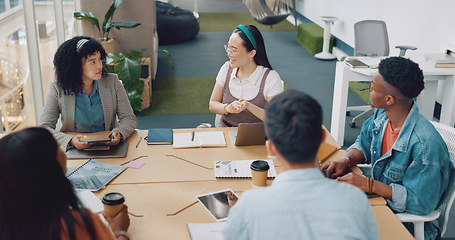 Image showing Business people, diversity or meeting with modern office documents, digital marketing laptop or target audience paper. Talking men, women or creative designers and technology for advertising planning