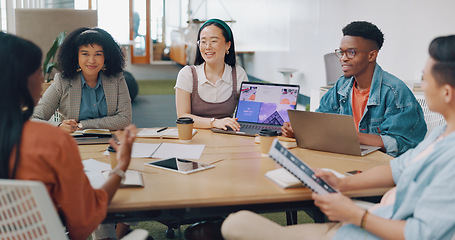 Image showing Laptop, presentation and meeting with a woman team leader training or coaching her business team in the office. Data, marketing and workshop with a female manager and employee group in a seminar