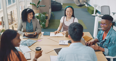 Image showing Business people, diversity or meeting with modern office documents, digital marketing laptop or target audience paper. Talking men, women or creative designers and technology for advertising planning