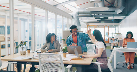 Image showing Music, walking and motivation with a business black man greeting his team with a high five, hug or handshake. Positive, excited and collaboration with a male employee feeling motivated in the office