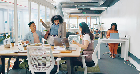 Image showing Corporate black woman, dancing and headphones in startup office, smile and coffee on lunch. Woman, dance and happy in workplace with music, streaming and coffee cup for happiness, freedom and relax