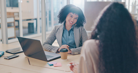 Image showing Business women in meeting, communication and partnership for project management with brainstorming plan in workplace. Planning, strategy and agreement, team and conversation in office with laptop.