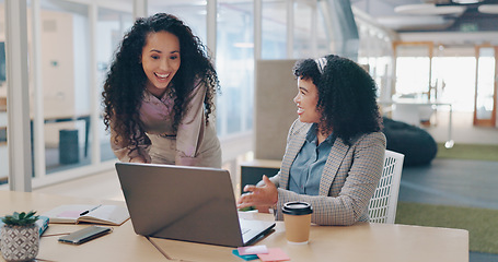 Image showing Teamwork, laptop and business people fist bump, applause and success celebration. Coaching, training and friends, women or coworkers, clapping and celebrate after solving problem in office workplace.