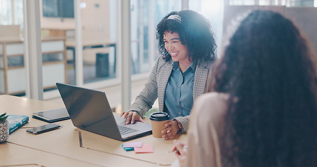 Image showing Business women in meeting, communication and partnership for project management with brainstorming plan in workplace. Planning, strategy and agreement, team and conversation in office with laptop.