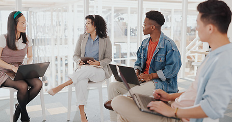 Image showing Meeting, planning and collaboration with a business team in the boardroom for research or innovation. Laptop, strategy and teamwork with a man and woman employee group at work together in the office