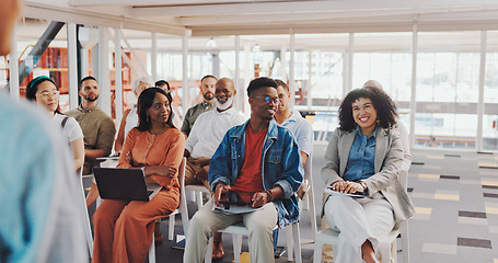 Image showing Business people, mentor and applause for presentation, coaching or corporate training in workshop seminar. Group of creative employee designers clapping for speaker, meeting or startup at the office