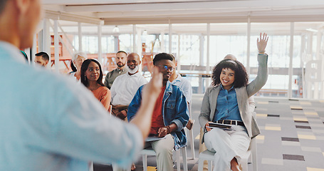 Image showing Business people, mentor and applause for presentation, coaching or corporate training in workshop seminar. Group of creative employee designers clapping for speaker, meeting or startup at the office