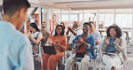 Image showing Business people, mentor and applause for presentation, coaching or corporate training in workshop seminar. Group of creative employee designers clapping for speaker, meeting or startup at the office