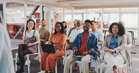 Image showing Business people, mentor and applause for presentation, coaching or corporate training in workshop seminar. Group of creative employee designers clapping for speaker, meeting or startup at the office