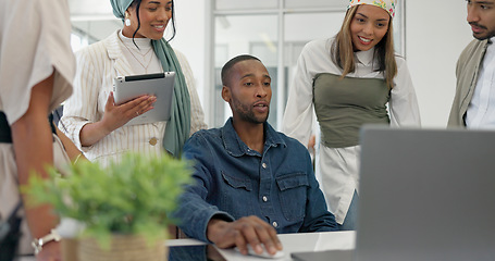 Image showing Coaching, collaboration and training, team at laptop in discussion on project management with manager. Leadership, planning and brainstorming, woman mentor teaching business staff at creative office.