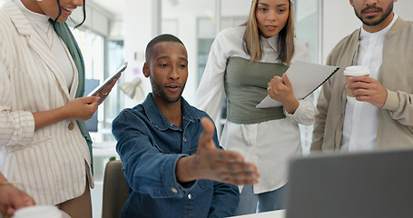 Image showing Coaching, collaboration and training, team at laptop in discussion on project management with manager. Leadership, planning and brainstorming, woman mentor teaching business staff at creative office.