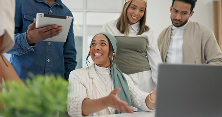 Image showing Coaching, collaboration and training, team at laptop in discussion on project management with manager. Leadership, planning and brainstorming, woman mentor teaching business staff at creative office.