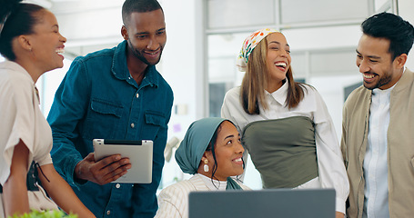 Image showing Success, applause and woman with feedback in office at startup business with proud team. Congratulations, cheering and support for winner target achievement with employees clapping hands at desk.