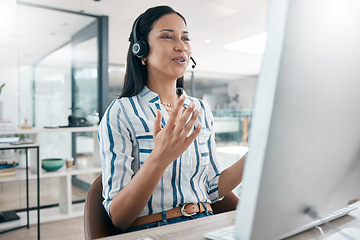 Image showing Call center, discussion and crm business conversation at a computer working on support call. Telemarketing, company networking and contact us consultant on a digital consultation for tech help