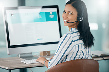 Image showing Call center, portrait and woman on computer for crm, telemarketing and customer service in office. Face, worker and contact us, customer support or online help by girl consultant, friendly and smile