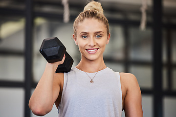 Image showing Woman, dumbbell and gym portrait of a athlete with a smile ready for training, exercise and workout. Sports, happiness and young person bodybuilder in a health, wellness and sport center for body