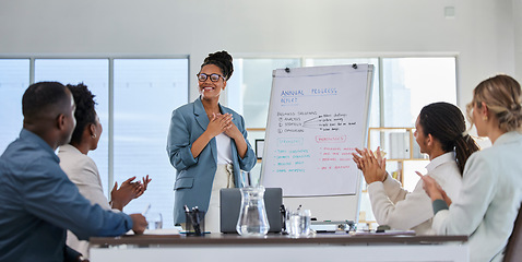 Image showing Business presentation, proud black woman and office training with success and clapping from crowd. Management, conference room and sales team working on a speaker coaching on innovation strategy