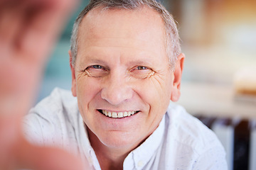 Image showing Selfie, smile and business with a mature man in his office, taking a picture while working alone. Portrait, face and happy with a senior male employee smiling while posing for a photograph at work