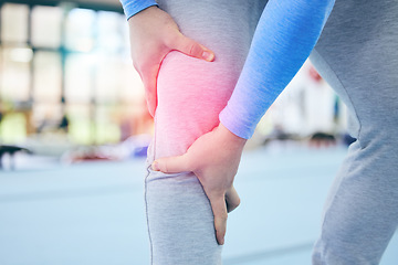 Image showing Fitness, gym and man with pain in knee, medical emergency during gymnastics workout at sport studio. Exercise, health and wellness, person with hand on leg muscle cramps ache or injury while training