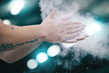 Image showing Sports, gymnastics and hands with chalk powder for competition, performance and challenge in gym. Fitness, motivation and zoom of gymnast athlete clap palms to start exercise, workout and training