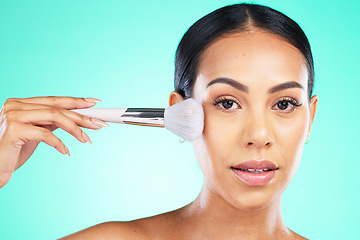 Image showing Beauty, makeup and portrait of woman with brush in studio, skincare or grooming on green background. Face, skin and girl model relax for glamour tool, product or luxury product and isolated on mockup