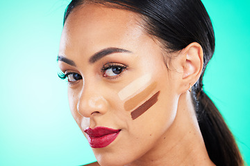 Image showing Woman, face and contour for beauty makeup, cosmetics or skincare isolated against a studio background. Female smile with red lips, contouring and foundation for skin tone, toner or facial treatment