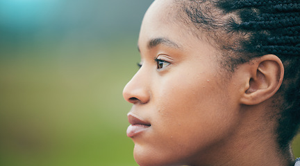 Image showing Mockup, focus and face of a woman training for fitness, workout motivation and thinking of a goal. Running, exercise and athlete on a bokeh nature background for sports vision, cardio start and idea