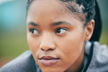 Image showing Fitness, black woman and sports coach thinking while at a field for training, routine and goal with mockup background. Face, personal trainer and female with vision for health, match and workout