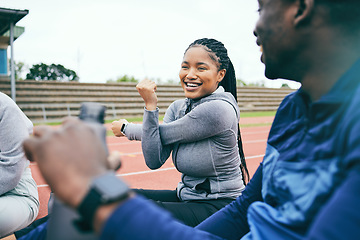 Image showing People, fitness and stretching for sports exercise, workout or training together on the stadium track. Black woman and friends in warm up stretch getting ready for athletics sport, running or race