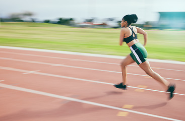 Image showing Black woman, running and athletics for sports training, cross fit or exercise on stadium track in the outdoors. African American female runner athlete in fitness, sport or run for practice workout