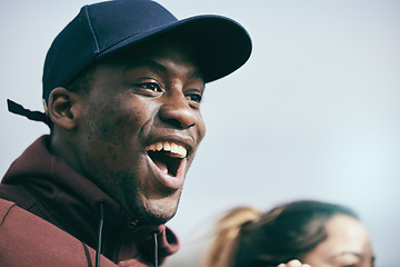 Image showing Sports, cheer and excited black man in stadium shouting, cheering and screaming support for team. Motivation, success and face of male enjoying sport game, match and celebration for winning goals