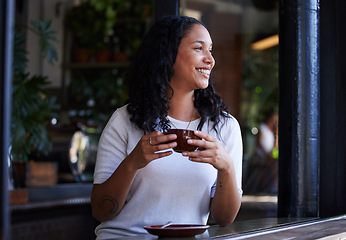 Image showing Thinking, woman in cafe and ideas with smile, opportunity and daydreaming with wonder, thoughts and relax. Female, tea and lady in coffee shop, fantasy and wonder for future, happiness and on break