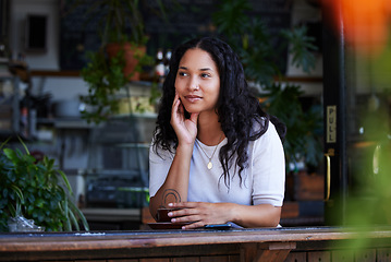 Image showing Black woman, thinking and mindset in cafe, relax and daydreaming on break, opportunity and ideas. African American female, lunch or lady in coffee shop, thoughts and tea with wonder, smile or fantasy