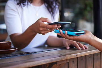 Image showing Woman, hands and phone for ecommerce, scan or transaction on wireless card machine at coffee shop. Hand of customer scanning to pay, buy or banking app with smartphone and 5G connection at cafe