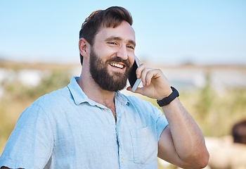 Image showing Farmer, phone call and man planning for sustainability farm outdoors happy, smile and excited by discussion. Worker, employee and mobile conversation of strategy and talking agriculture