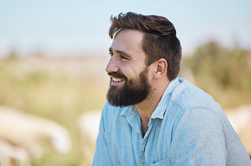 Image showing Man, face or farmer on livestock agriculture, sustainability environment or nature land with ideas, vision or animals growth hope. Smile, happy or thinking farming worker in veterinary life insurance