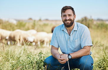 Image showing Portrait, farmer and man on field, sheep or smile for growth, production or in nature or sustainability. Face, male or business owner countryside, food industry or farming livestock for sale or happy