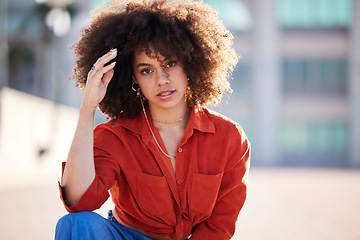 Image showing Portrait of black woman with afro, urban and fashion for trendy gen z style and attitude in summer weekend. Beauty, city lifestyle and funky girl with serious face and hip hop streetwear in Brazil.