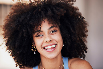 Image showing Happy, smile and portrait of a woman with an afro with a positive, good and optimistic mindset. Happiness, beauty and face of a excited beautiful female smiling from Brazil with natural healthy hair.