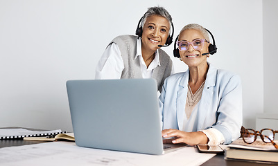 Image showing Portrait, women and call center for telemarketing, office or conversation for sales growth, new system or process. Face, manager help agent or discussion with female leader or consultant with laptop