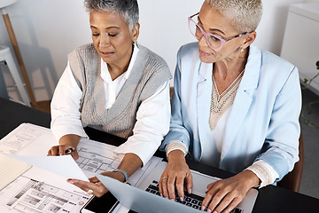 Image showing Laptop, documents or collaboration with a woman architect and designer working together in the office. Computer, planning or teamwork with a female architecture professional and colleague at work