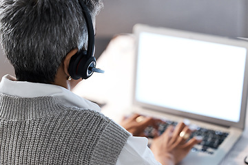 Image showing Call center, customer support and back of woman with laptop typing report, client review and feedback. Telemarketing, crm company and senior worker on computer for help, advice and hotline service