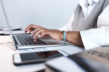 Image showing Closeup, hands and woman typing, digital planning and office for new project, deadline and schedule. Business, female employee and manager with laptop, smartphone and connection for online reading